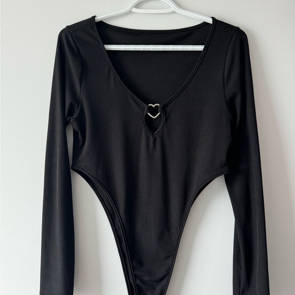 Long Sleeve Heart Cut Out, High Cut Bodysuit - Picture 2 of 4